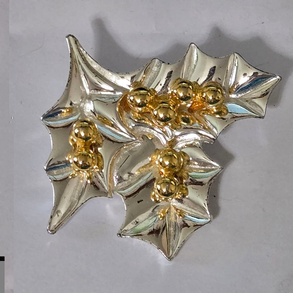 Vintage Christmas Brooch Holly Leaves and Berries Silvertone with Goldtone EUC